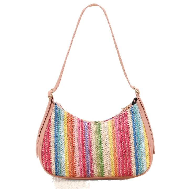 Woven straw bag for women, denim rainbow single-shoulder underarm crossbody bag