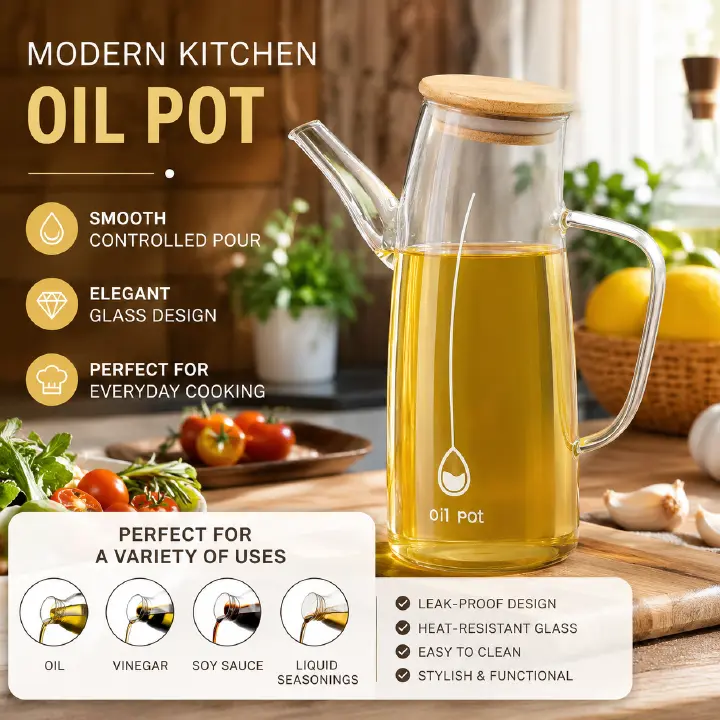 Premium Clear Glass Oil Dispenser Bottle with Bamboo Lid – Elegant Leak-Resistant Kitchen Oil Pot for Cooking Oil, Vinegar, Soy Sauce and Liquid Seasonings, Easy-Pour Spout, Stylish Tabletop Storage C
