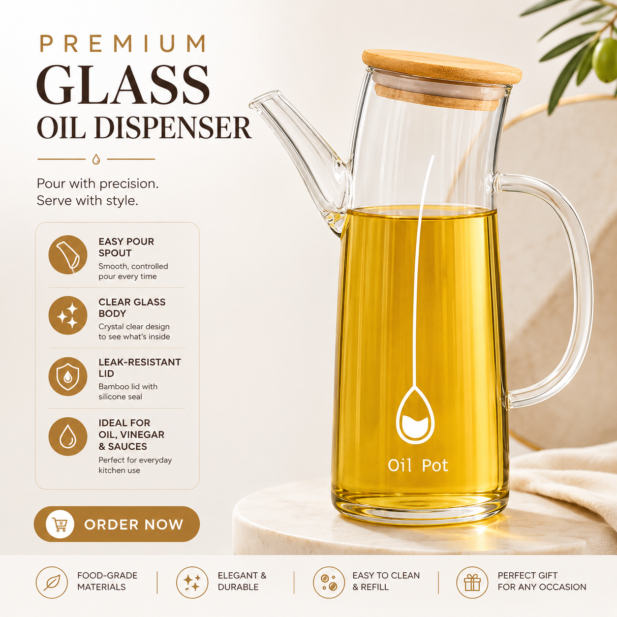 Premium Clear Glass Oil Dispenser Bottle with Bamboo Lid – Elegant Leak-Resistant Kitchen Oil Pot for Cooking Oil, Vinegar, Soy Sauce and Liquid Seasonings, Easy-Pour Spout, Stylish Tabletop Storage C