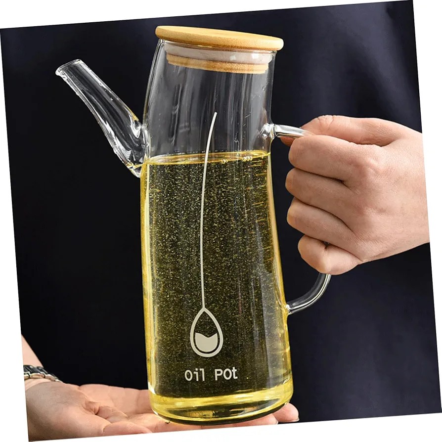Premium Clear Glass Oil Dispenser Bottle with Bamboo Lid – Elegant Leak-Resistant Kitchen Oil Pot for Cooking Oil, Vinegar, Soy Sauce and Liquid Seasonings, Easy-Pour Spout, Stylish Tabletop Storage C