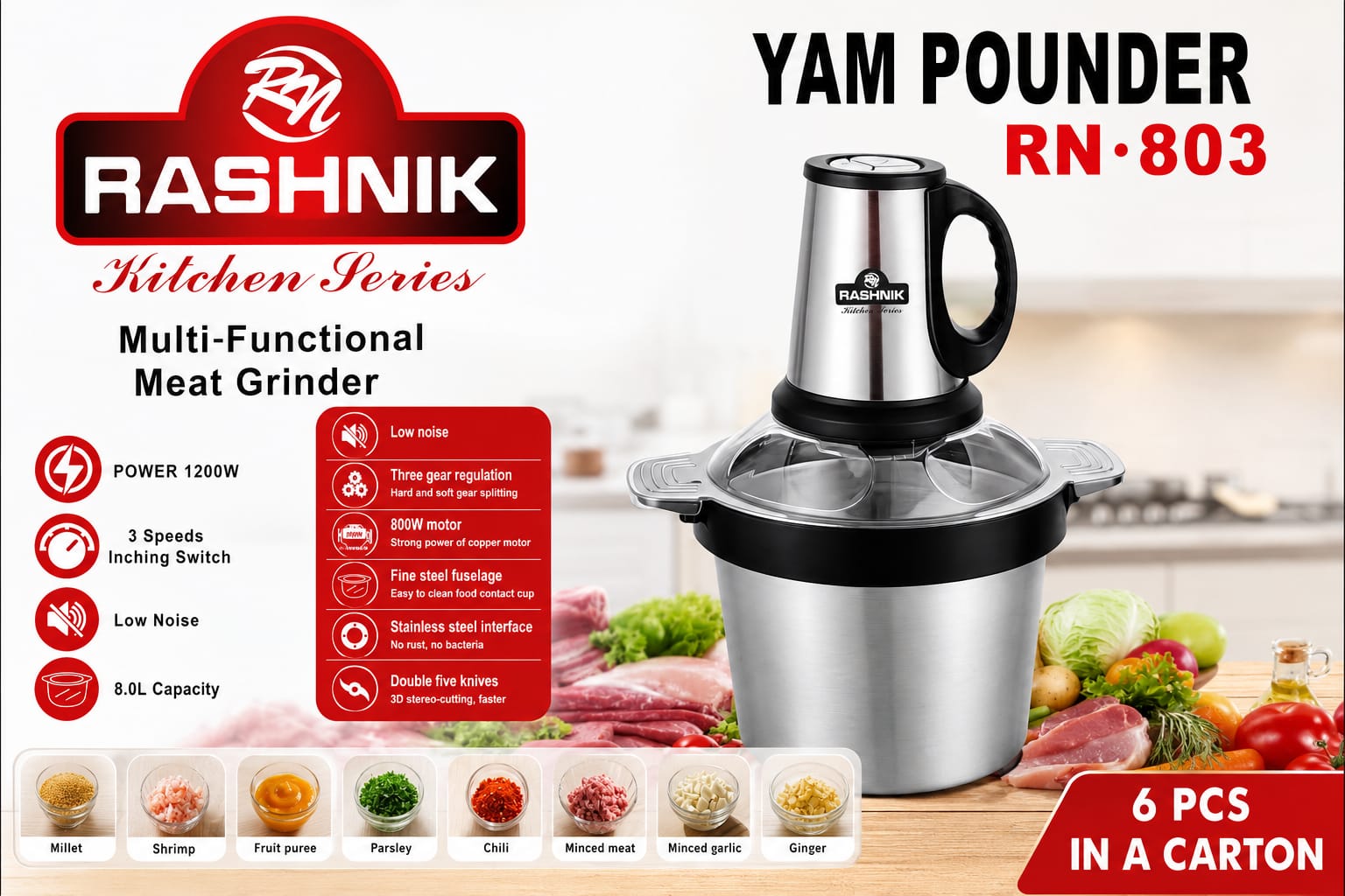 Rashnik Multi-Functional Electric Meat Grinder and Yam Pounder with Stainless-Steel Bowl and 3-Speed Control – 3L, 4L or 8L