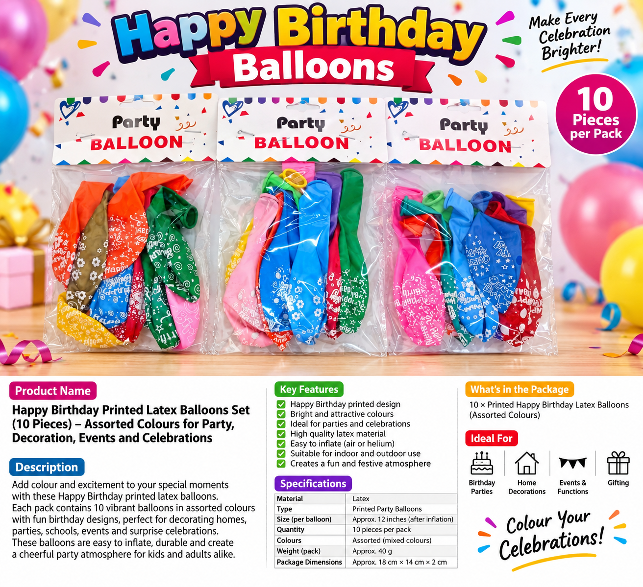 10-Piece Colorful Printed Happy Birthday Latex Balloons Set – Assorted Multicolour Party Decoration Balloons for Kids & Adults Birthday Celebrations, Events, Home Parties and Surprise Decorations
