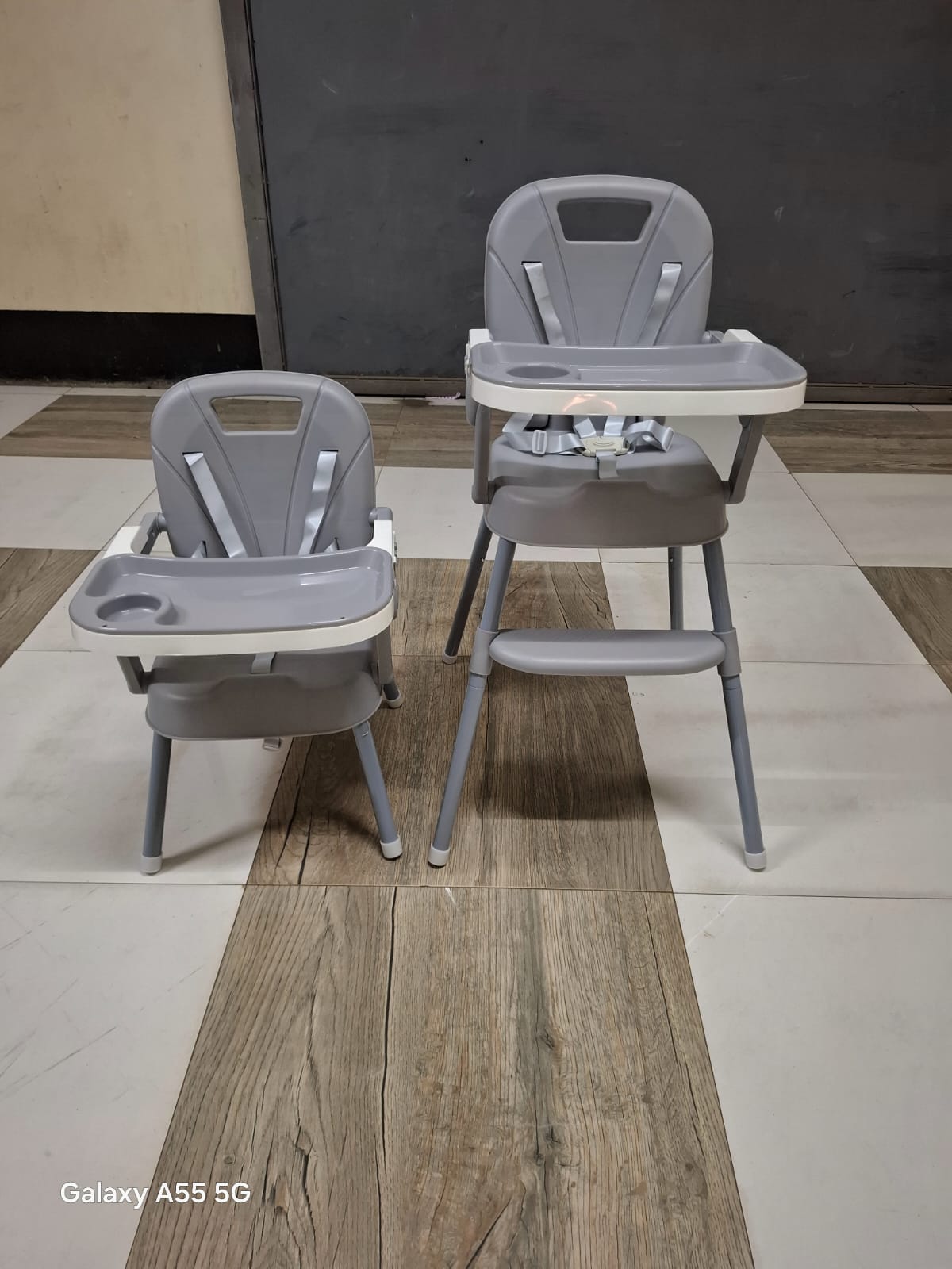 2-in-1 Convertible Baby Feeding High Chair & Low Toddler Dining Chair with Safety Harness, Removable Feeding Tray, Cup Holder & Footrest – Grey Adjustable Kids Feeding Seat