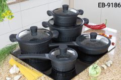 Edenberg EB-9186 Black 10-Piece Induction Cookware Set with 5 Speckled Pots and 5 Matching Glass Lids