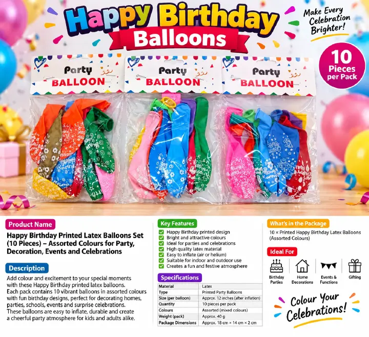 10-Piece Colorful Printed Happy Birthday Latex Balloons Set – Assorted Multicolour Party Decoration Balloons for Kids & Adults Birthday Celebrations, Events, Home Parties and Surprise Decorations