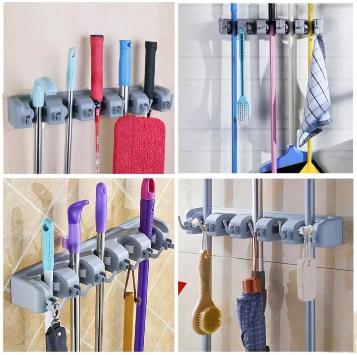 Wall-Mounted Broom and Mop Holder with 5 Grip Positions and 6 Hooks – Screw-Fixed Cleaning Tool Organizer, Grey, Pink or Purple