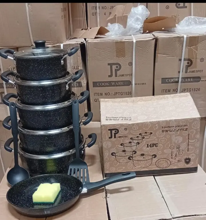 JP Jamespot JPTG1826 14-Piece Black Granite Non-Stick Cookware Set with Pots, Glass Lids, Frying Pan and Utensils