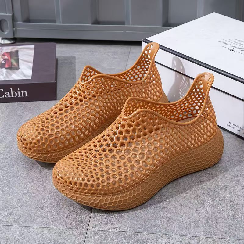 Unisex Black Honeycomb Hollow‑Out Slip‑On Shoes Summer Breathable Thick‑Sole Platform Sandals Waterproof Anti‑Slip Casual Beach Walking Footwear