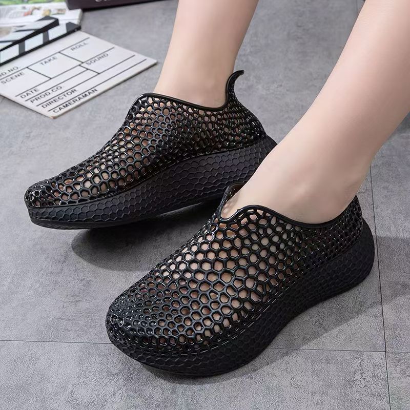 Unisex Black Honeycomb Hollow‑Out Slip‑On Shoes Summer Breathable Thick‑Sole Platform Sandals Waterproof Anti‑Slip Casual Beach Walking Footwear