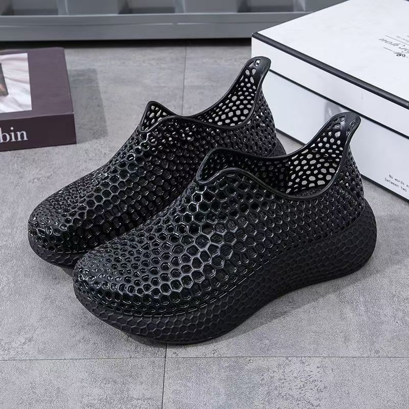 Unisex Black Honeycomb Hollow‑Out Slip‑On Shoes Summer Breathable Thick‑Sole Platform Sandals Waterproof Anti‑Slip Casual Beach Walking Footwear
