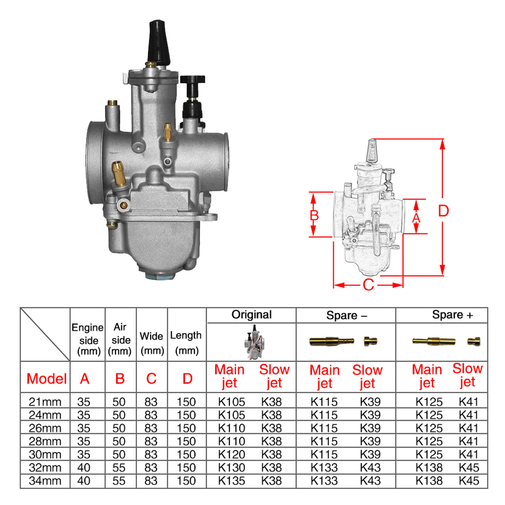Motorcycle Carburetor With Free Jet For Keihin KOSO PWK 24 26 28 30 32 34mm 2T 4T ATV Quad Go Kart Dirt Bike Scooter 50-250cc