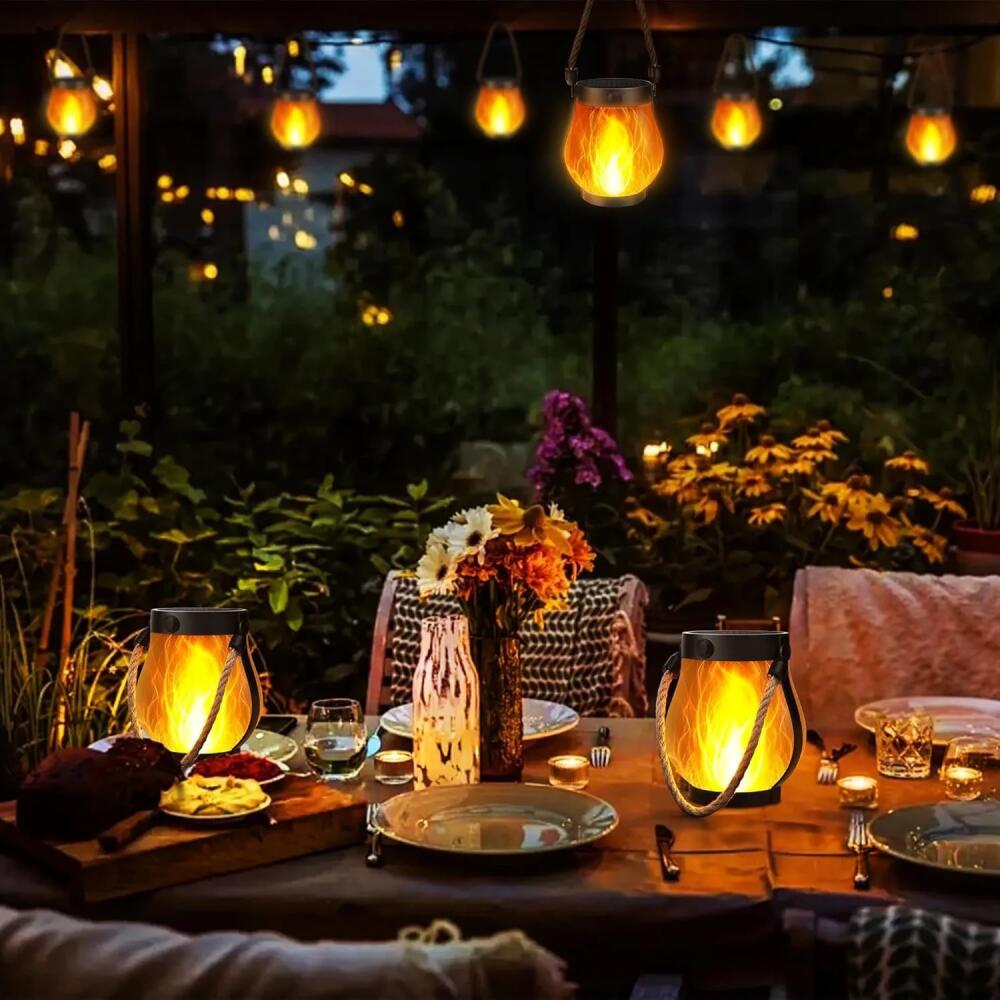 Portable Retro Camping Lantern Outdoor Bedroom study Hanging Tent Light Metal Handle Flashlight Vintage Garden Decorative Lights Outdoor Waterproof Solar Flame Lamp
