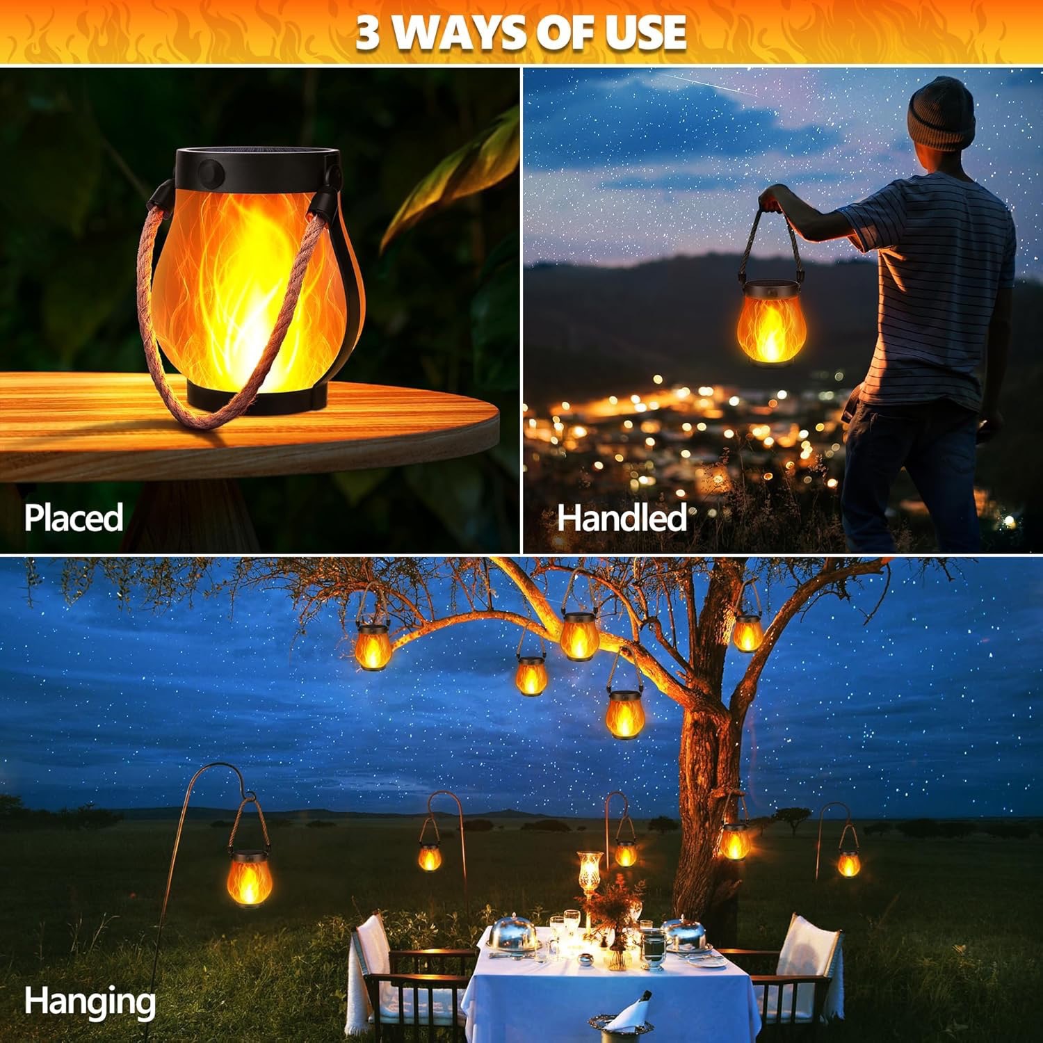 Portable Retro Camping Lantern Outdoor Bedroom study Hanging Tent Light Metal Handle Flashlight Vintage Garden Decorative Lights Outdoor Waterproof Solar Flame Lamp