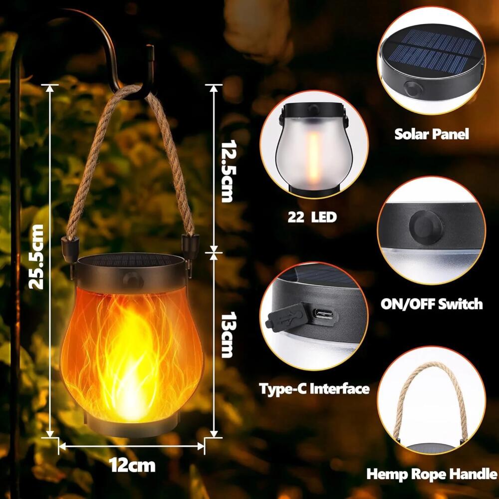 Portable Retro Camping Lantern Outdoor Bedroom study Hanging Tent Light Metal Handle Flashlight Vintage Garden Decorative Lights Outdoor Waterproof Solar Flame Lamp