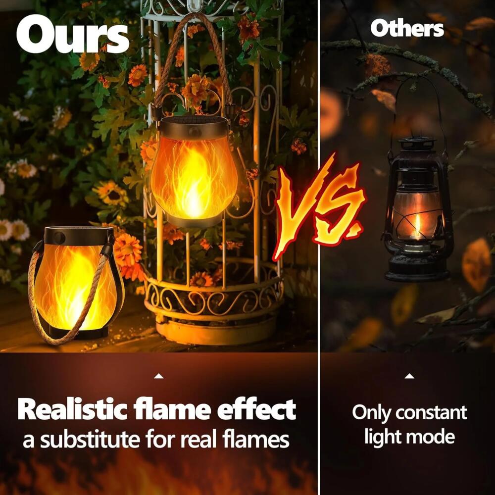 Portable Retro Camping Lantern Outdoor Bedroom study Hanging Tent Light Metal Handle Flashlight Vintage Garden Decorative Lights Outdoor Waterproof Solar Flame Lamp