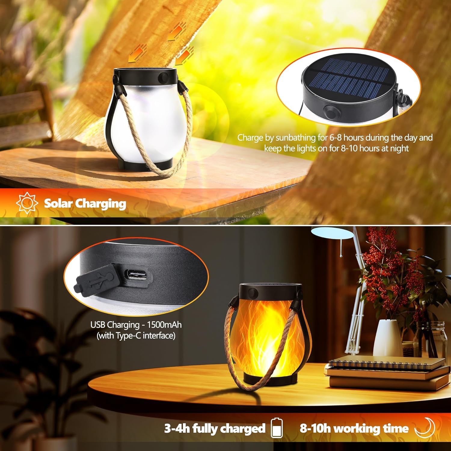 Portable Retro Camping Lantern Outdoor Bedroom study Hanging Tent Light Metal Handle Flashlight Vintage Garden Decorative Lights Outdoor Waterproof Solar Flame Lamp