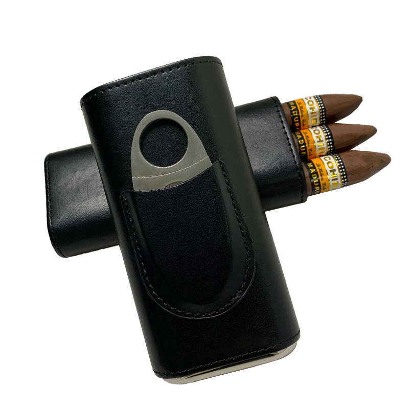 Three-Finger PU Leather Cigar Case Portable Humidor Holder Box with Silver Cigar Cutter Smoking Accessories for Business Gifts