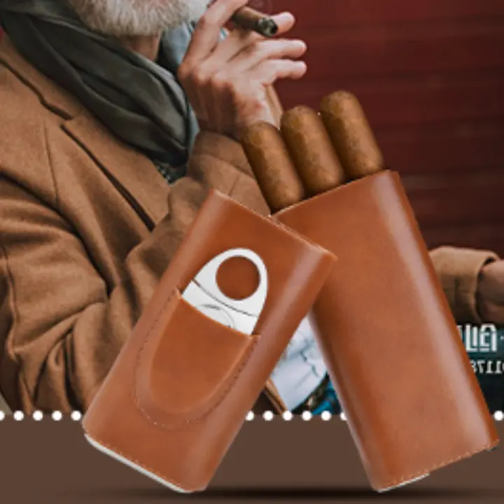 Three-Finger PU Leather Cigar Case Portable Humidor Holder Box with Silver Cigar Cutter Smoking Accessories for Business Gifts