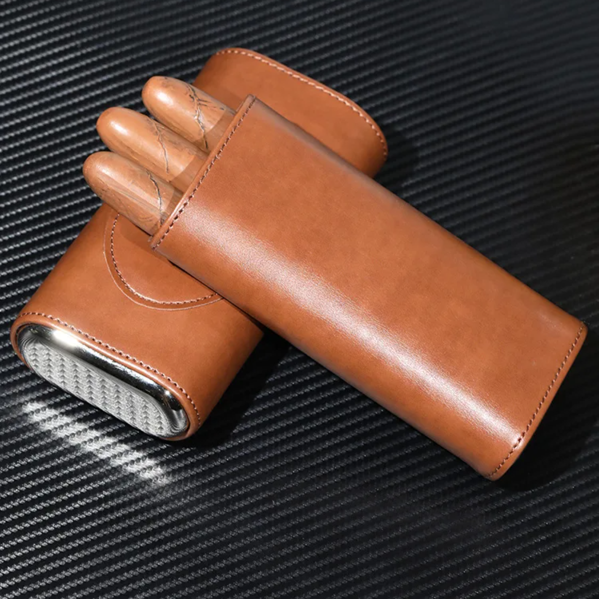 Three-Finger PU Leather Cigar Case Portable Humidor Holder Box with Silver Cigar Cutter Smoking Accessories for Business Gifts