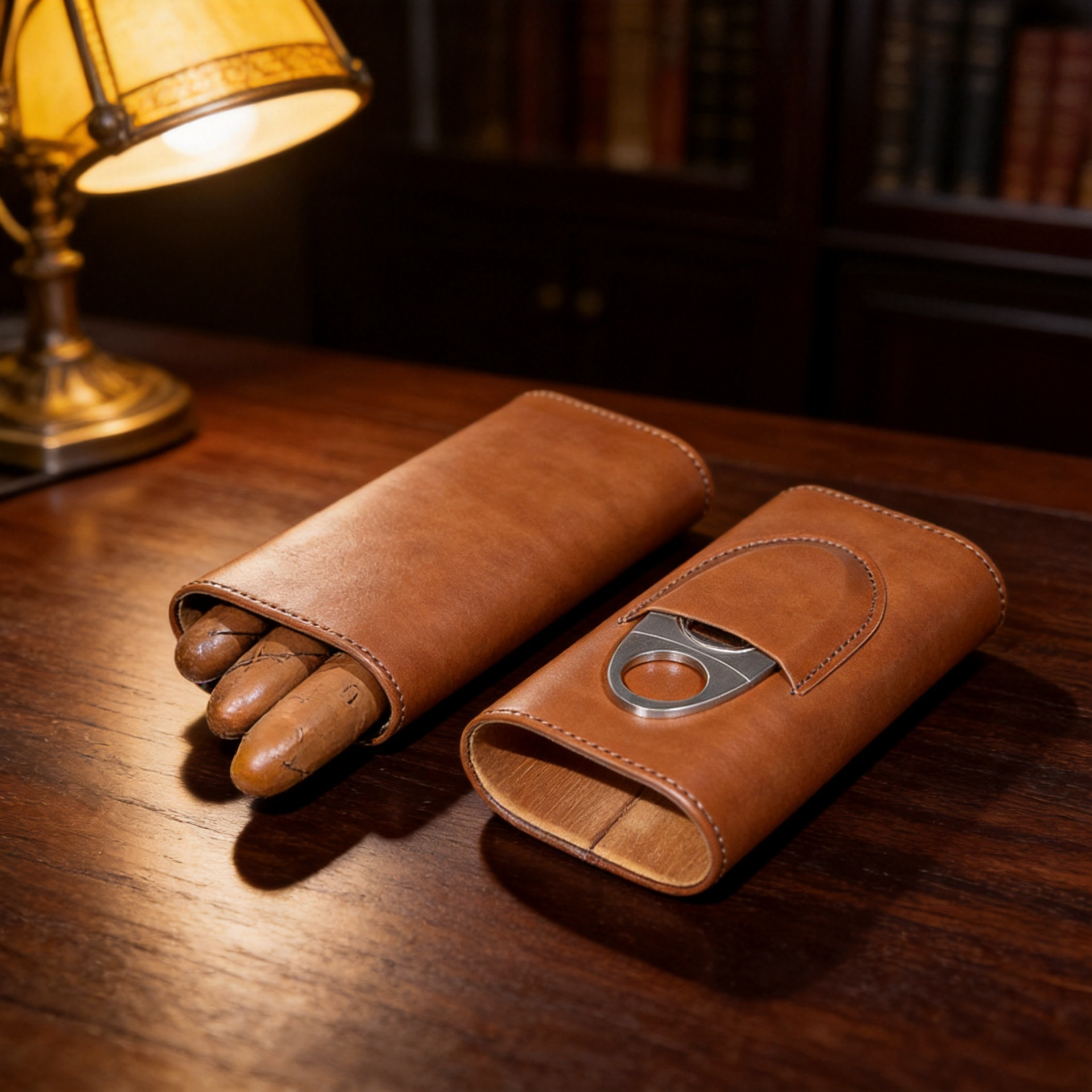 Three-Finger PU Leather Cigar Case Portable Humidor Holder Box with Silver Cigar Cutter Smoking Accessories for Business Gifts