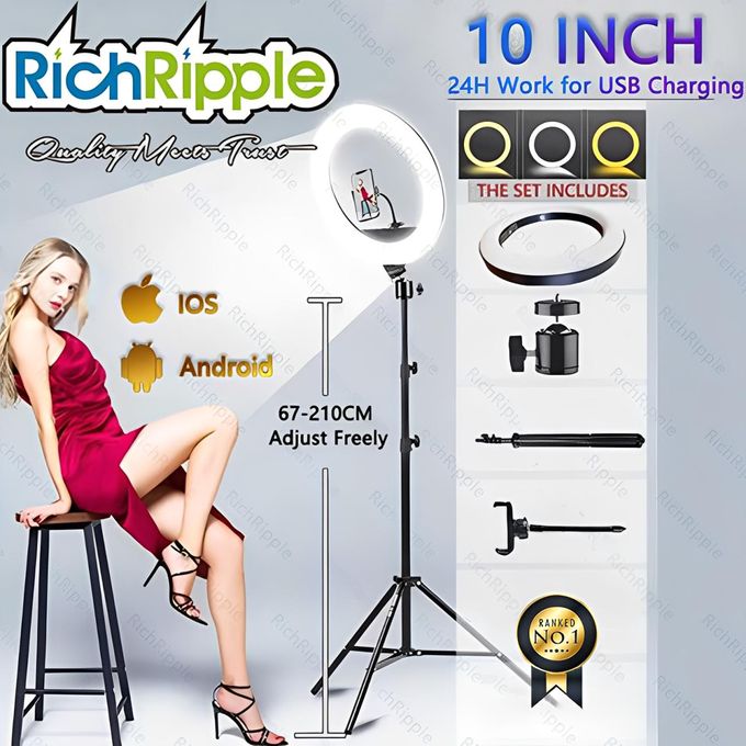 RichRipple 4-in-1 Ring Light 10 Inch with 2.1M Tripod Stand – LED Selfie Ring Light Kit for TikTok, YouTube, Live Streaming, Makeup, Photography, Video Recording & Content Creation