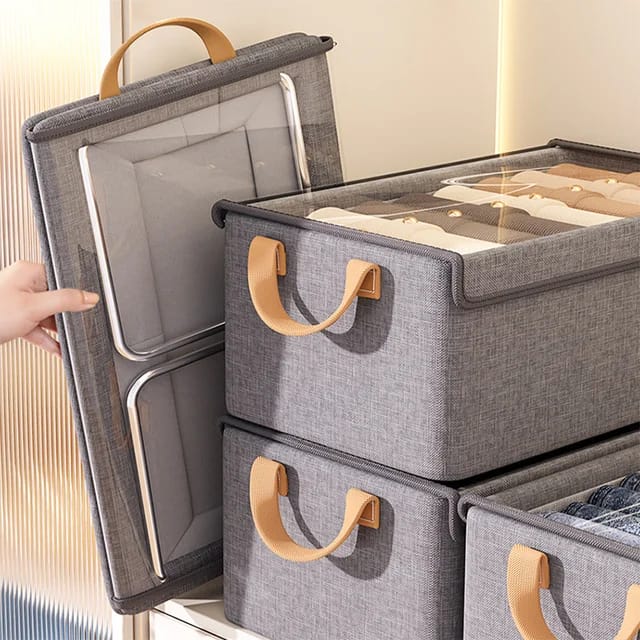 Foldable Wardrobe Organizer Storage Box with Steel Frame – Moisture-Proof Lidded Clothes Storage Bin, Non-Woven Fabric Closet Organizer for Shelves, Bedding & Home Use