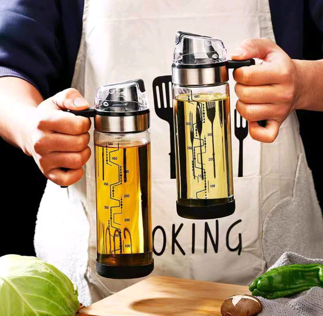 500ml Borosilicate Glass Oil Dispenser with Silver Cap – Refillable Kitchen Oil Bottle for Cooking, Frying & Salad Dressing, Durable Heat Resistant Oil Storage Container