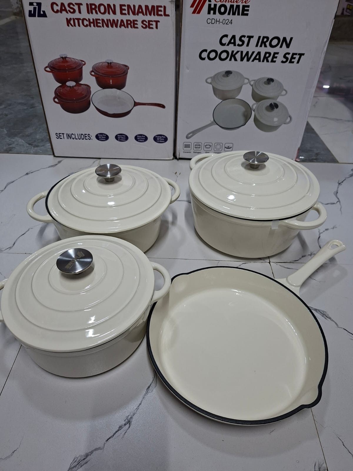 7PCS Cast Iron Cookware Set – Heavy Duty Non-Stick Kitchen Pot & Pan Set with Milk Pot, Soup Pot, Casserole & Frying Pan for Home Cooking Use