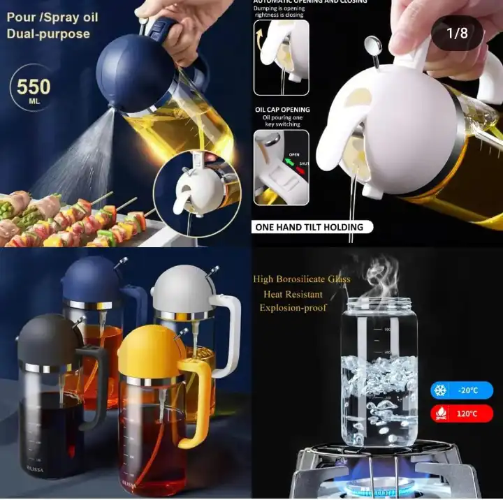 550ml Borosilicate Glass 2-in-1 Oil Dispenser & Sprayer – Kitchen Cooking Oil Spray Bottle for Salad, Frying & Grilling Control, Refillable Oil Mister for Healthy Cooking