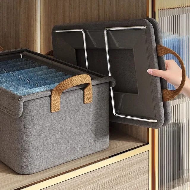 Foldable Wardrobe Organizer Storage Box with Steel Frame – Moisture-Proof Lidded Clothes Storage Bin, Non-Woven Fabric Closet Organizer for Shelves, Bedding & Home Use