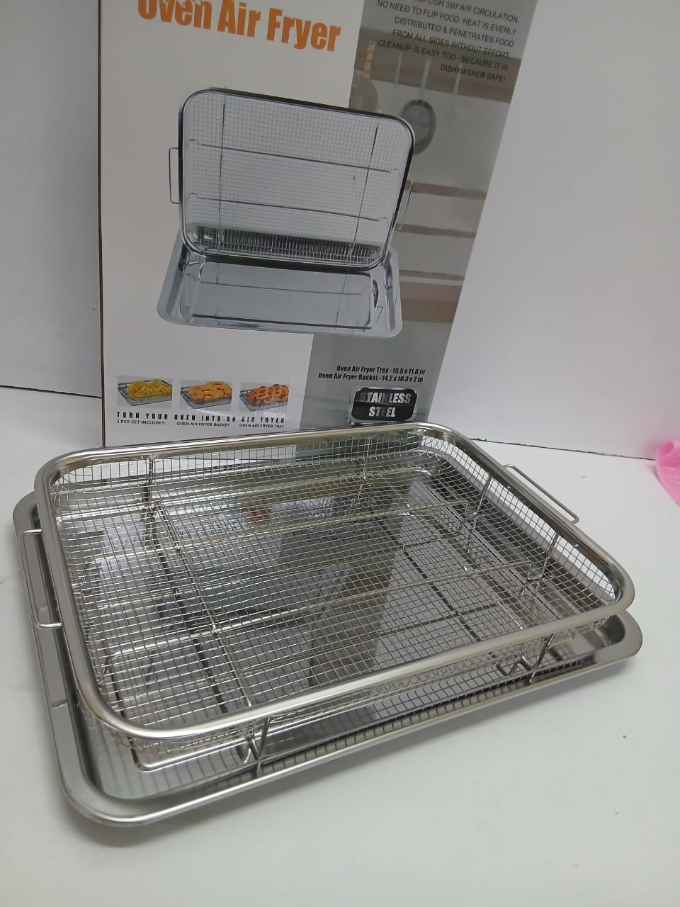Large Stainless Steel French Fries Basket and Tray – Heat Resistant Multifunctional Serving Set for Fries, Snacks & Finger Foods, Durable Kitchen Serving Basket for Home Use