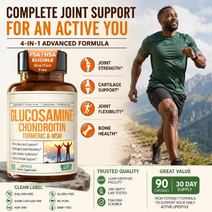 Glucosamine Chondroitin Turmeric MSM Joint Support Supplement, 90 Capsules | Shellfish Free Non-GMO for Knee & Elbow Bone Health