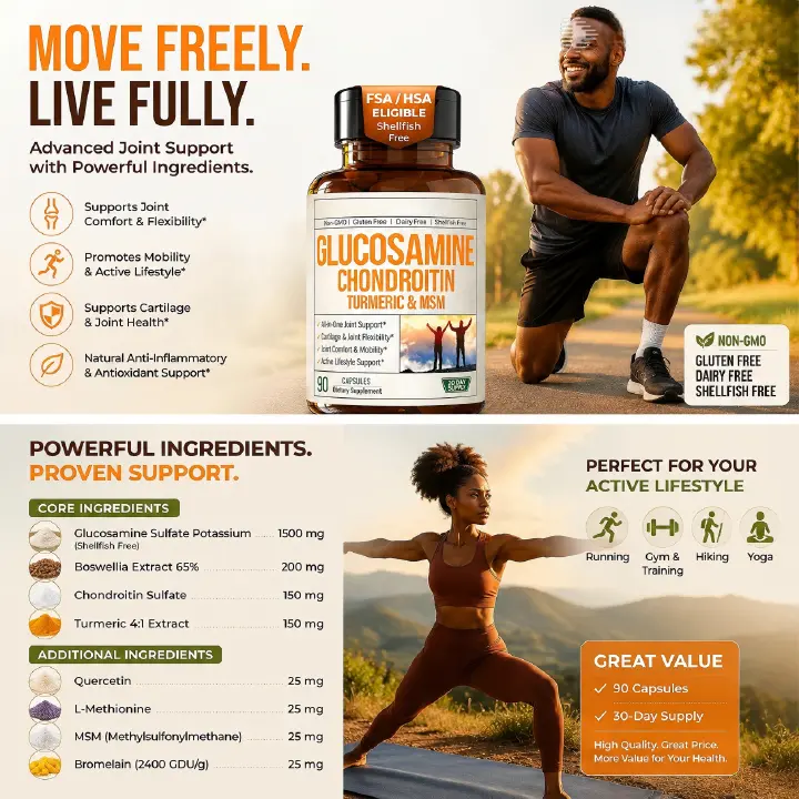 Glucosamine Chondroitin Turmeric MSM Joint Support Supplement, 90 Capsules | Shellfish Free Non-GMO for Knee & Elbow Bone Health