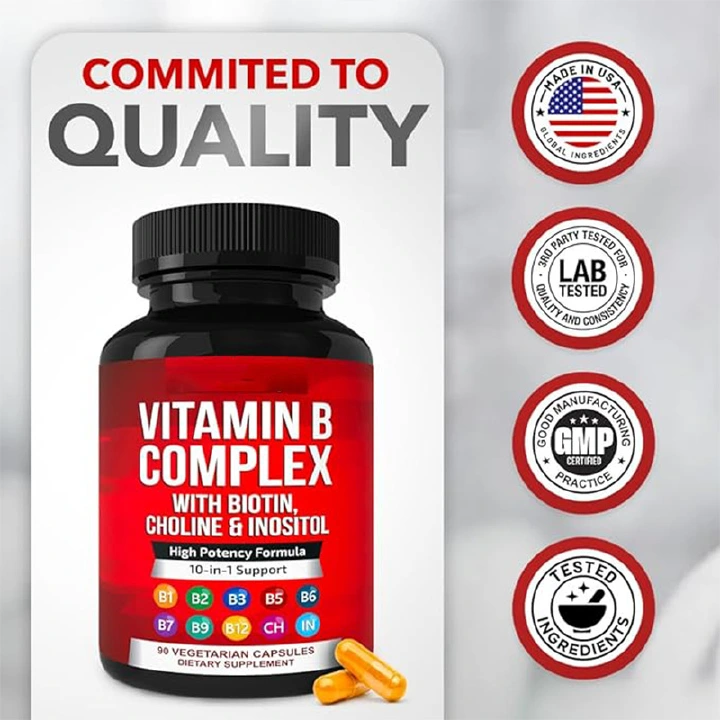 High Potency 10‑in‑1 Vitamin B Complex Supplement, B1 B2 B3 B5 B6 B9 B12 with Biotin, Choline & Inositol, Supports Energy, Nerve, Hair & Skin Health, Vegan Capsules