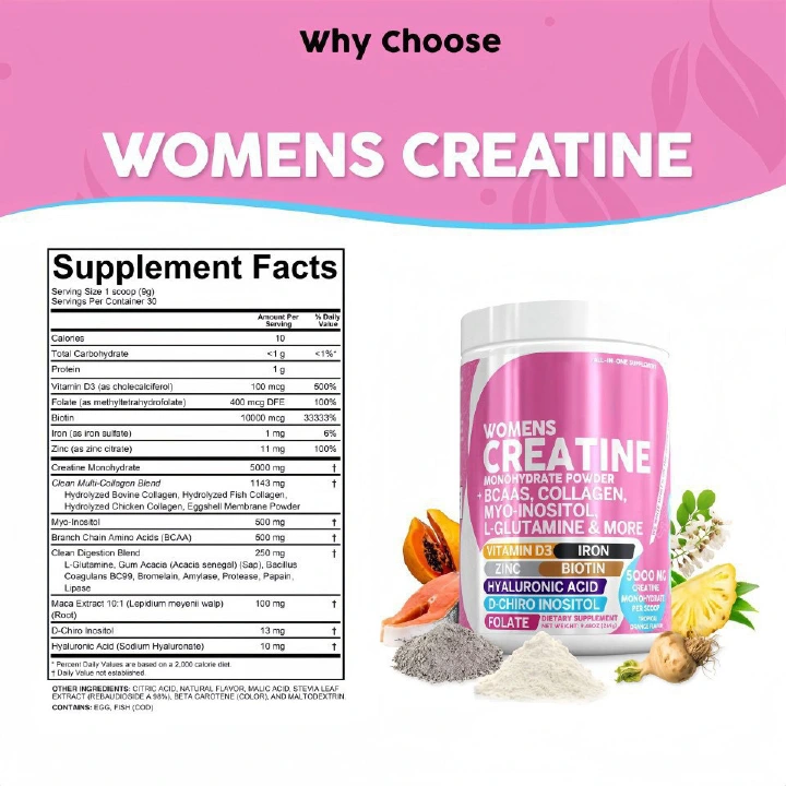 Clean Nutra Shelf Builder Women’s Creatine Monohydrate Powder, 5000mg Creatine Per Scoop, with BCAA, Collagen, Myo-Inositol, Hyaluronic Acid, Folate & Vitamin D3, Tropical Orange Flavor, 30 Servings