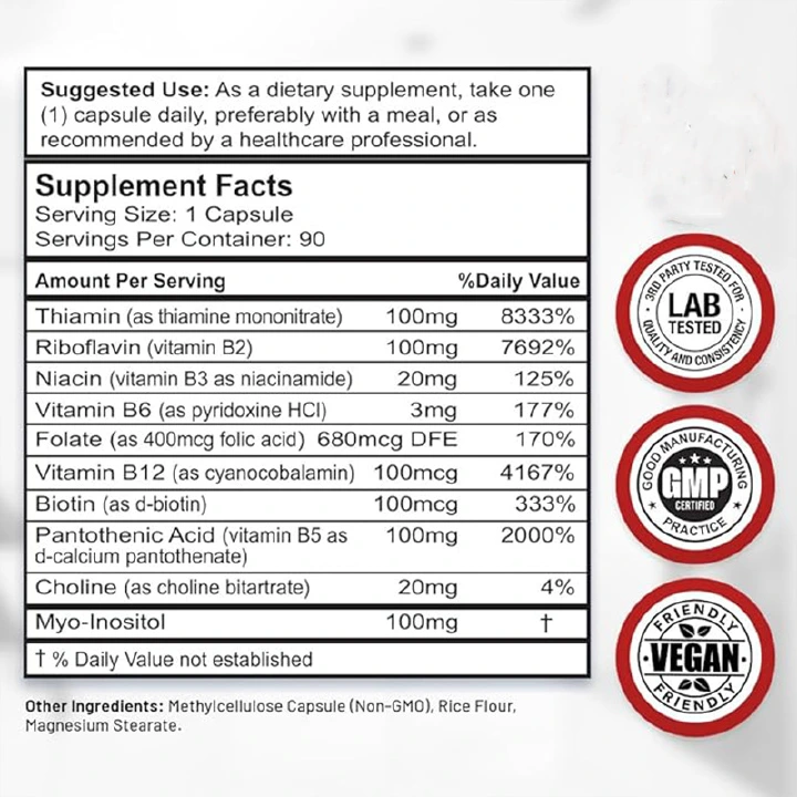 High Potency 10‑in‑1 Vitamin B Complex Supplement, B1 B2 B3 B5 B6 B9 B12 with Biotin, Choline & Inositol, Supports Energy, Nerve, Hair & Skin Health, Vegan Capsules
