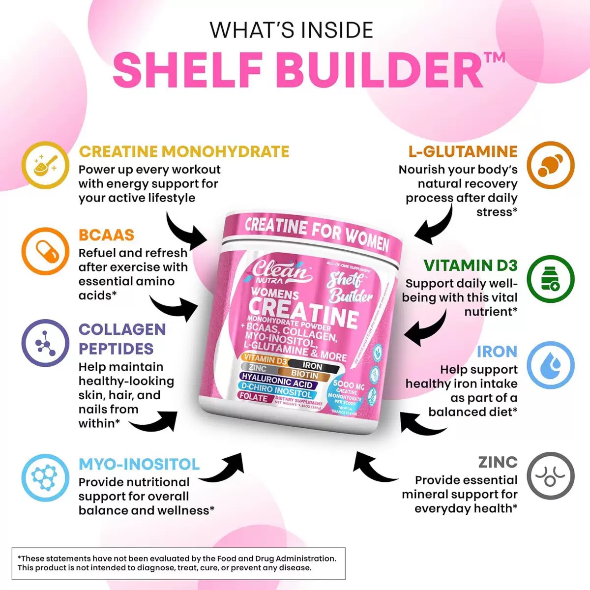 Clean Nutra Shelf Builder Women’s Creatine Monohydrate Powder, 5000mg Creatine Per Scoop, with BCAA, Collagen, Myo-Inositol, Hyaluronic Acid, Folate & Vitamin D3, Tropical Orange Flavor, 30 Servings