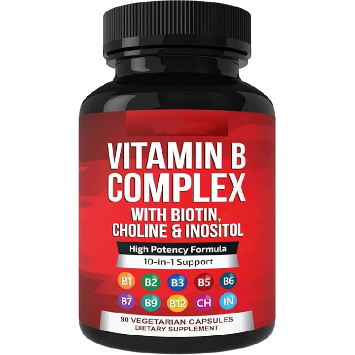 High Potency 10‑in‑1 Vitamin B Complex Supplement, B1 B2 B3 B5 B6 B9 B12 with Biotin, Choline & Inositol, Supports Energy, Nerve, Hair & Skin Health, Vegan Capsules