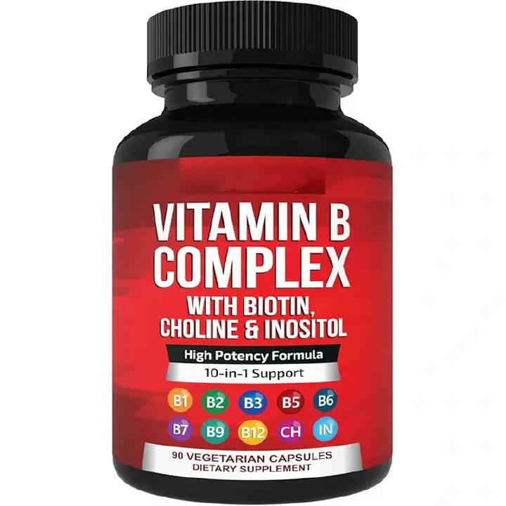 High Potency 10‑in‑1 Vitamin B Complex Supplement, B1 B2 B3 B5 B6 B9 B12 with Biotin, Choline & Inositol, Supports Energy, Nerve, Hair & Skin Health, Vegan Capsules