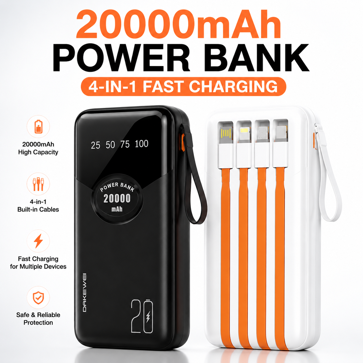 DAKEWEI 20000mAh Power Bank Built-in 4 Cables Fast Charging Portable External Battery Pack with LED Display Type-C iPhone Micro USB Multi-Device Charger Travel Mobile Phone Power Bank1-Year Warranty!