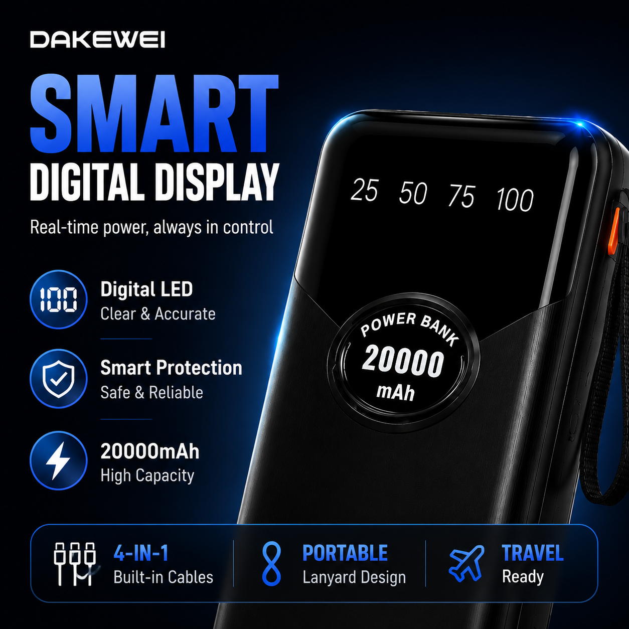 DAKEWEI 20000mAh Power Bank Built-in 4 Cables Fast Charging Portable External Battery Pack with LED Display Type-C iPhone Micro USB Multi-Device Charger Travel Mobile Phone Power Bank1-Year Warranty!