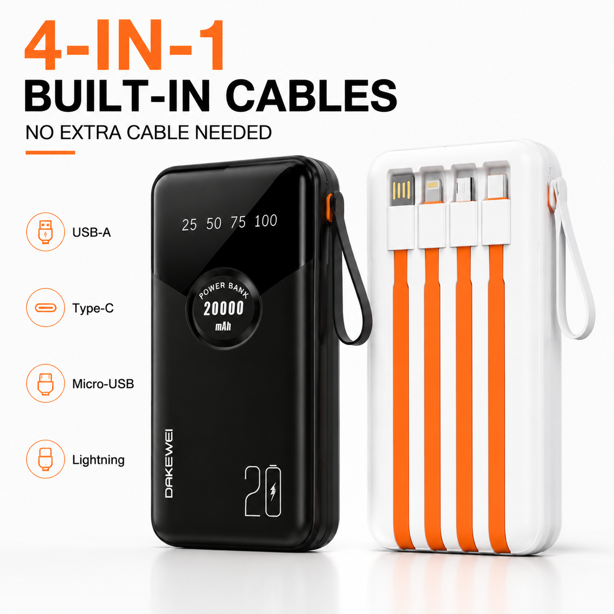 DAKEWEI 20000mAh Power Bank Built-in 4 Cables Fast Charging Portable External Battery Pack with LED Display Type-C iPhone Micro USB Multi-Device Charger Travel Mobile Phone Power Bank1-Year Warranty!