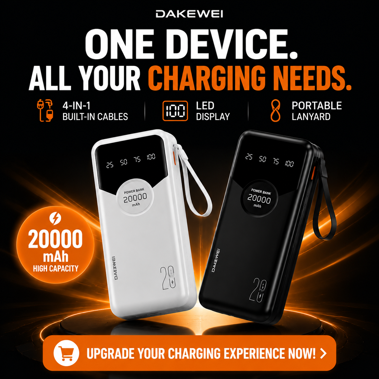 DAKEWEI 20000mAh Power Bank Built-in 4 Cables Fast Charging Portable External Battery Pack with LED Display Type-C iPhone Micro USB Multi-Device Charger Travel Mobile Phone Power Bank1-Year Warranty!