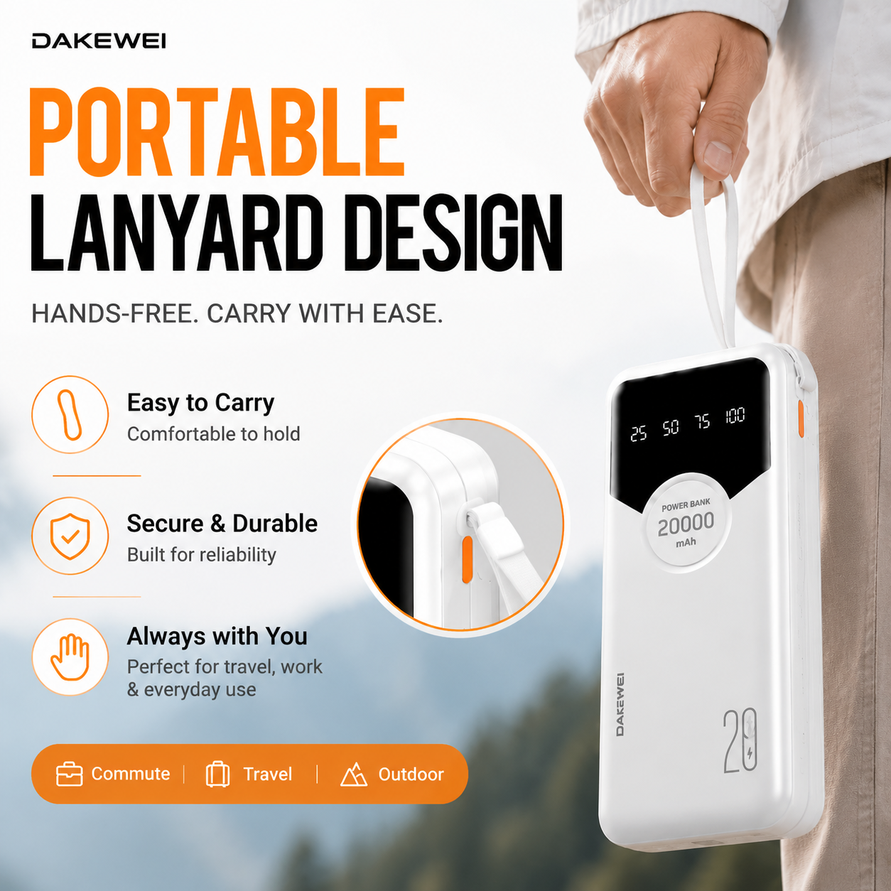 DAKEWEI 20000mAh Power Bank Built-in 4 Cables Fast Charging Portable External Battery Pack with LED Display Type-C iPhone Micro USB Multi-Device Charger Travel Mobile Phone Power Bank1-Year Warranty!