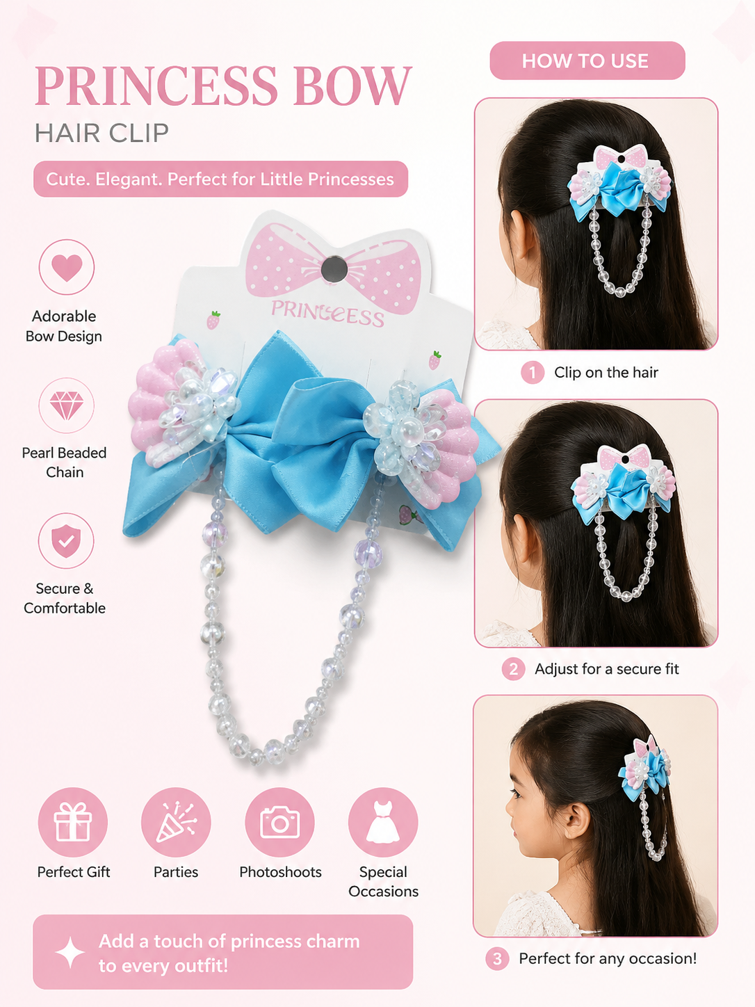 Princess Pearl Bow Hair Clip pair