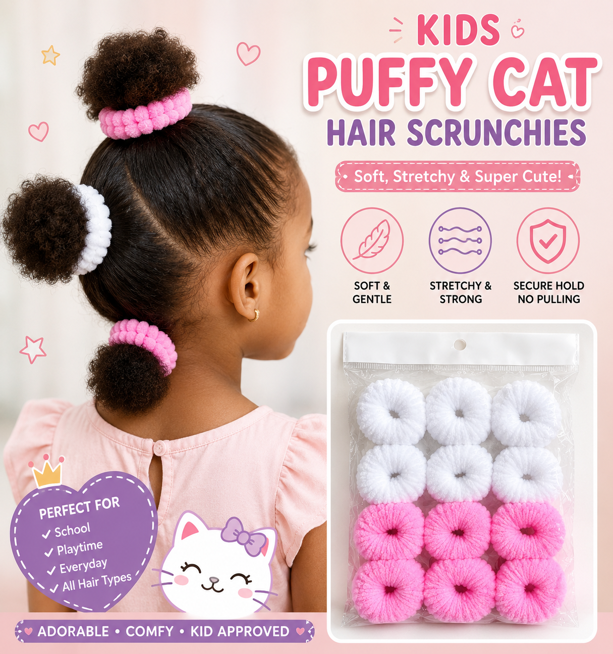 🌸 12PCS Kids' Plush Cat Hair Scrunchies – Soft, Stretchy No-Pull Hair Ties for Girls 🌸