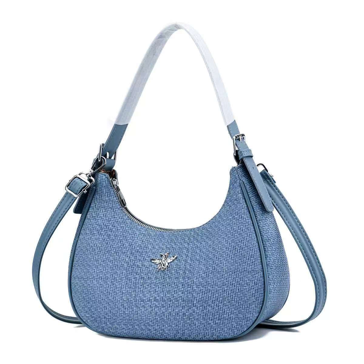 CROJUYI Small Crescent Shoulder Bag – Vintage Woven Hobo Handbag with Silver Bee Emblem, Stylish Women's Fashion Purse