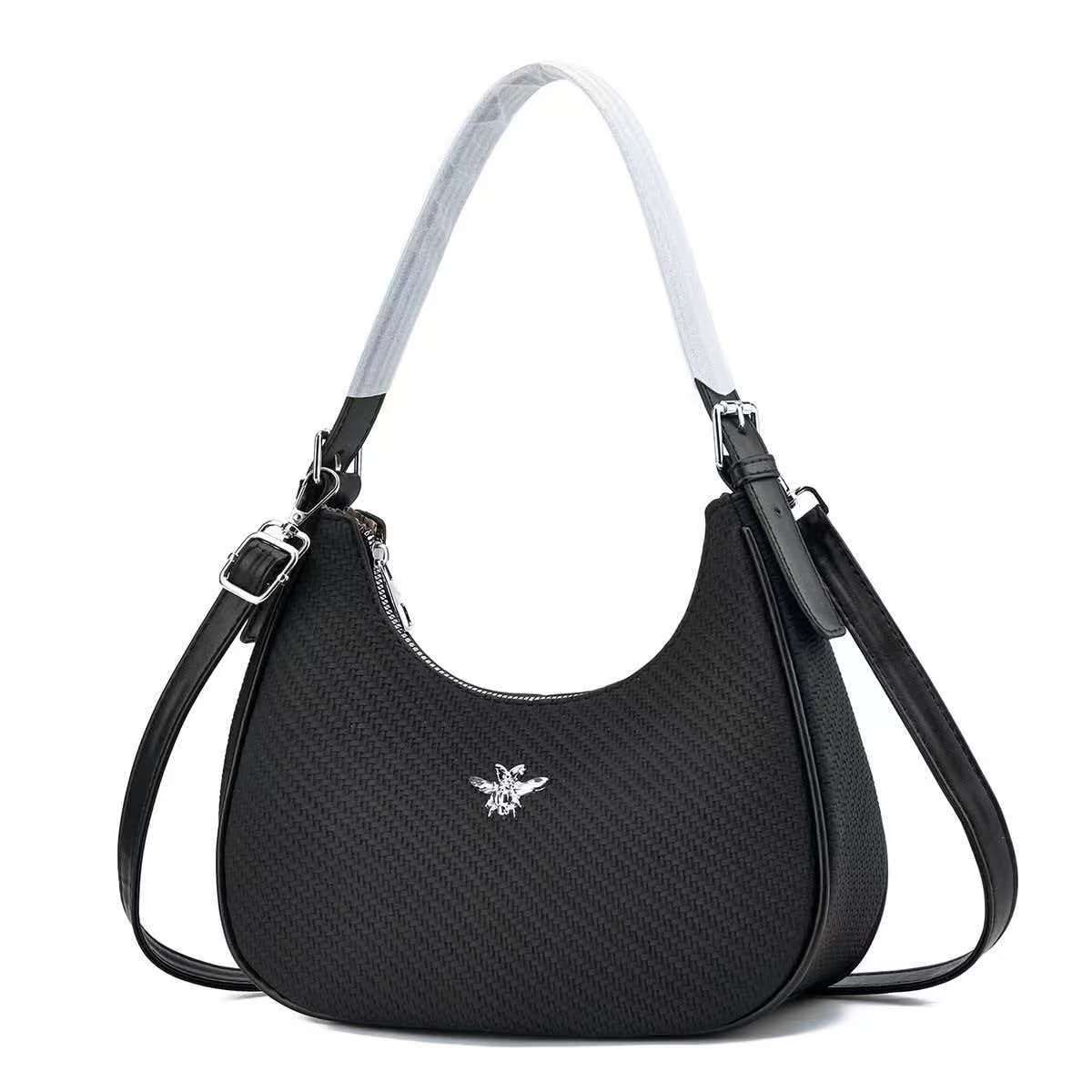 CROJUYI Small Crescent Shoulder Bag – Vintage Woven Hobo Handbag with Silver Bee Emblem, Stylish Women's Fashion Purse
