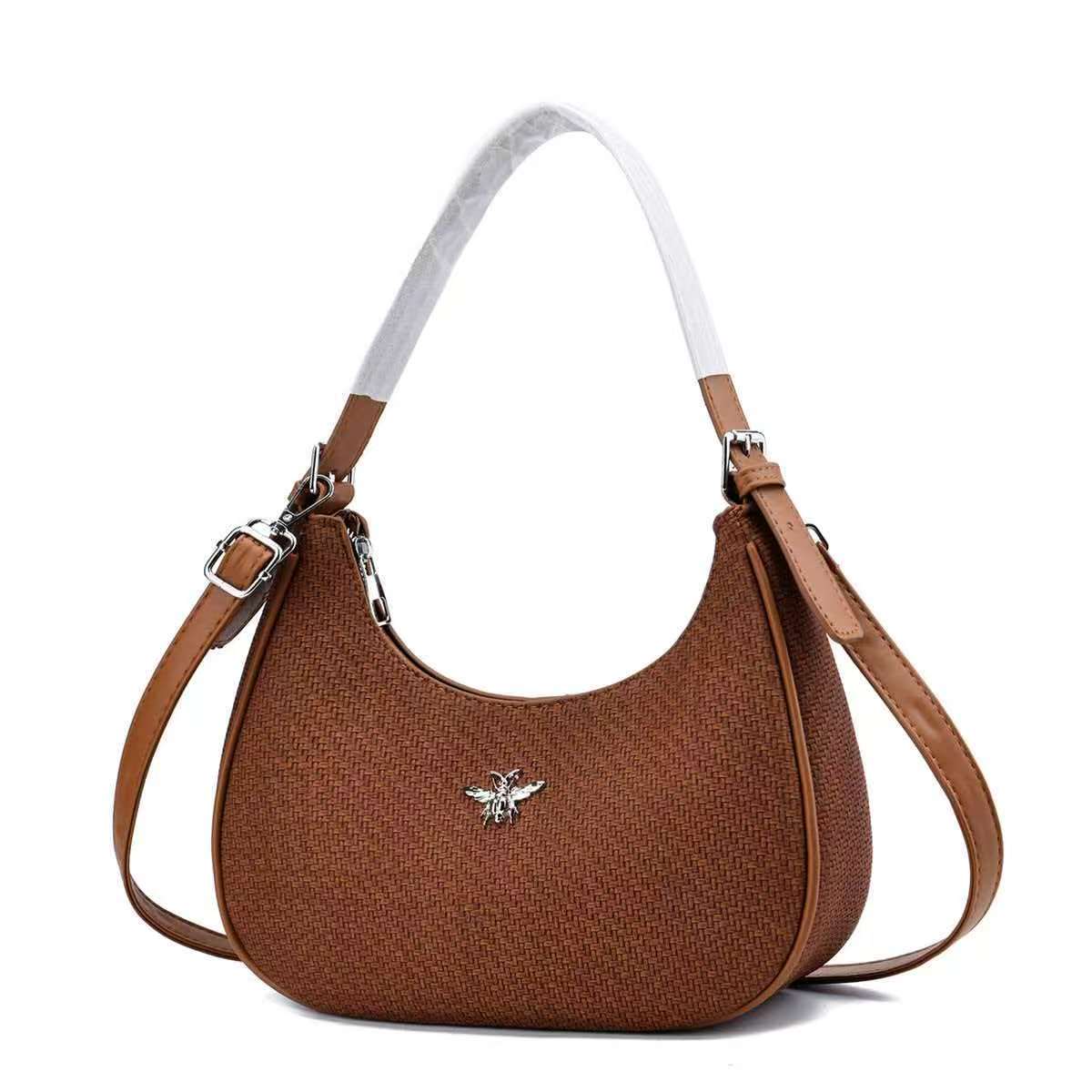 CROJUYI Small Crescent Shoulder Bag – Vintage Woven Hobo Handbag with Silver Bee Emblem, Stylish Women's Fashion Purse