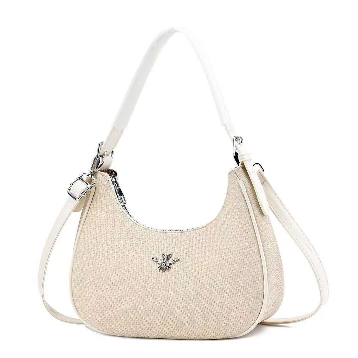CROJUYI Small Crescent Shoulder Bag – Vintage Woven Hobo Handbag with Silver Bee Emblem, Stylish Women's Fashion Purse